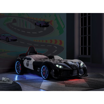 Lit voiture de course simple avec lumières DEL, portes magnétiques et télécommande, tête de lit et côtés rembourrés