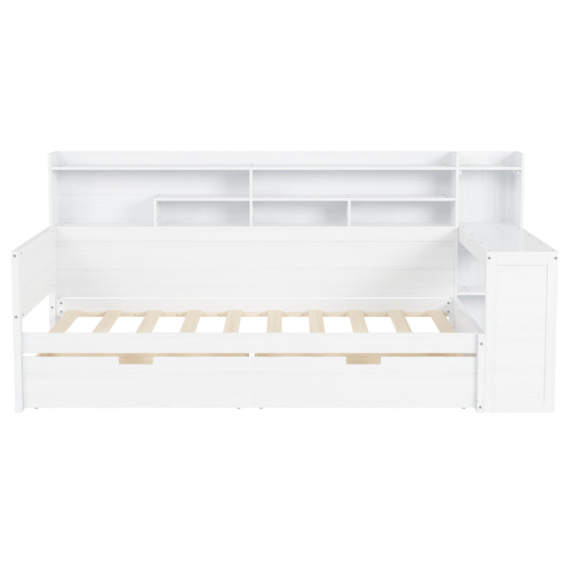 Lit de jour en bois blanc antique avec rangement efficace et bureau, Blanc antique