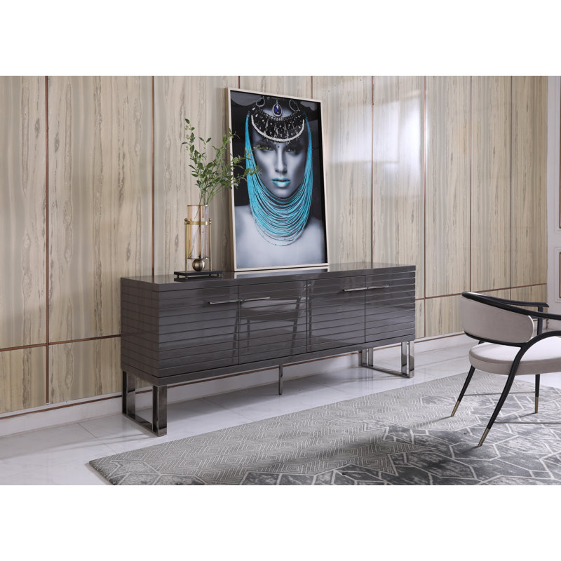 Splendor 79'' Dark Gray High Gloss Sideboard with Gunmetal Details