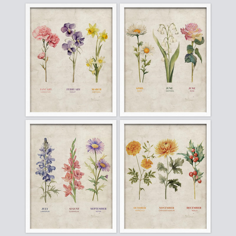 Reproduction d'art floral rétro encadré sur papier rétro avec 4 mois de naissance, Blanc, H 10 po x l 8 po