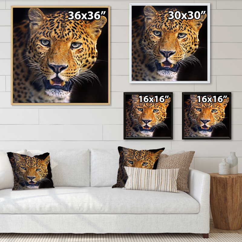 Portrait d'un léopard II - reproduction d'art sur toile traditionnelle, H 30 po x l 30 po, Cadre flottant doré