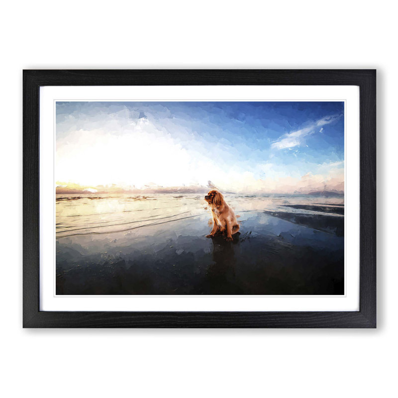 King Charles Spaniel upon the Beach in Abstract - Framed Print, Black, 35cm H x 50cm W x 2cm D