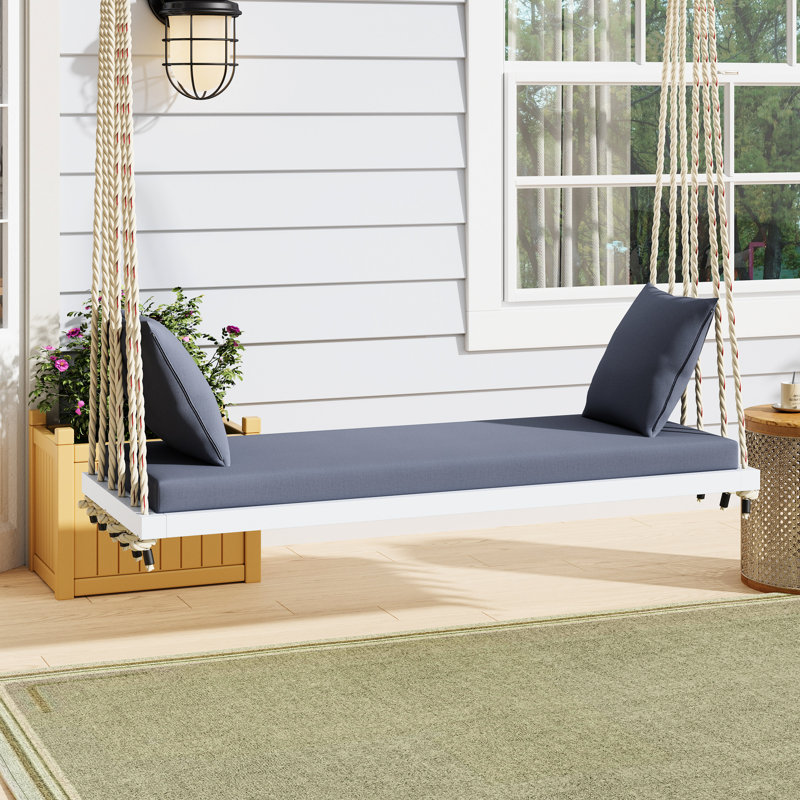 Balancelle de patio en bois avec coussin et coussins, 6 cordes en chanvre, 10,8 pi chacune, banc de véranda suspendu à charge concentrée de 400 lb, siège 63 po x 23,6 po, coussin moelleux, deux cordes