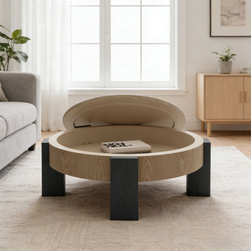 33'' Modern Round Coffee Table with Hidden Storage, 3 Block Legs Sturdy Center Accent Table, Matt Black,Natural Wood