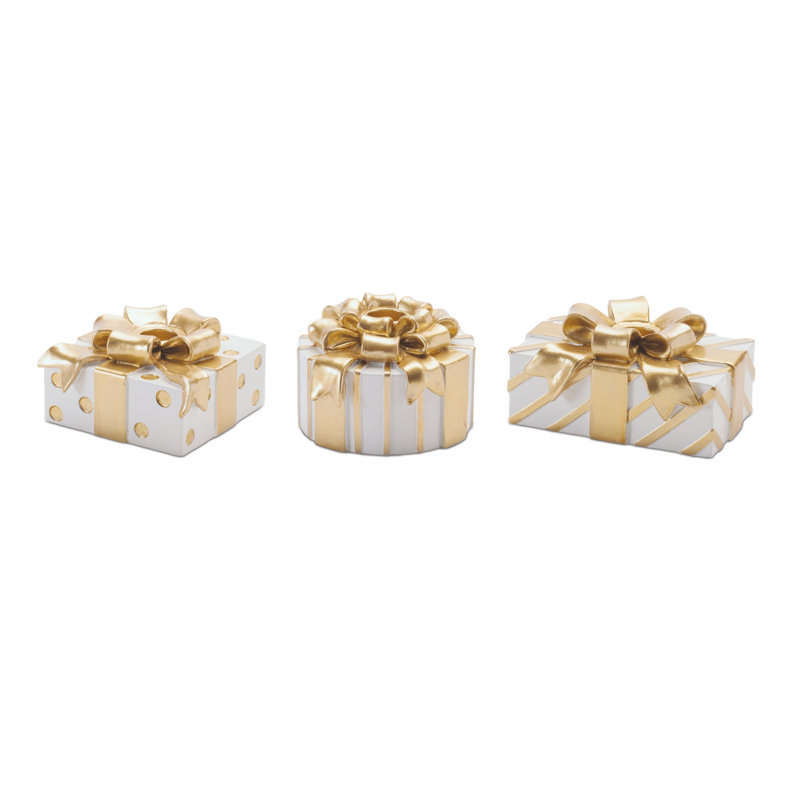 Présentoir des Fêtes avec porte-bougie (ensemble de 3), Blanc, doré