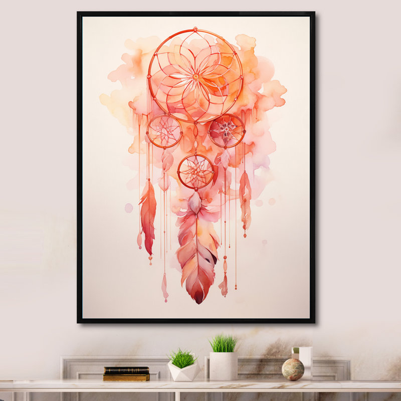 «Pink Boho Dreamcatcher Watercolor I», reproduction sur toile, 44" H x 34" W, Cadre flottant noir