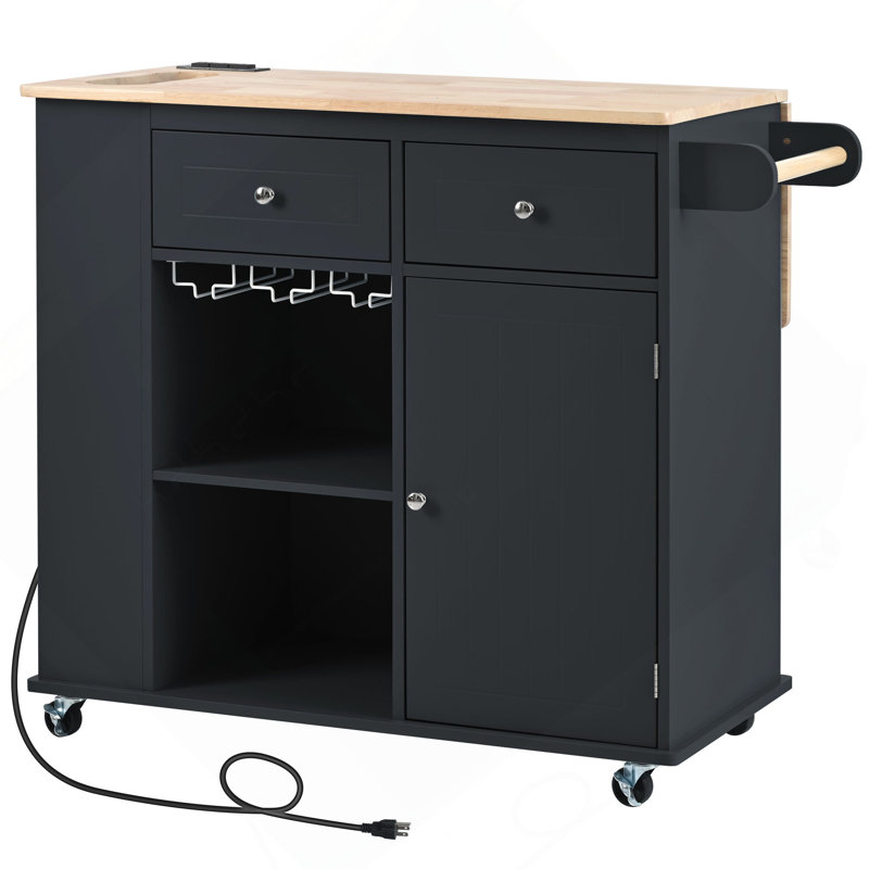 Kitchen Island With Power Outlet,Kitchen Storage Island With Drop Leaf And Rubber Wood,Open Storage And Wine Rack,5 Wheels,With Adjustable Storage For Home, Kitchen, And Dining Room