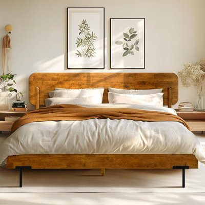 Frida Queen Solid Wood Platform Bed Frame with Tall Headboard, Caramel - 800lbs Easy Assembly
