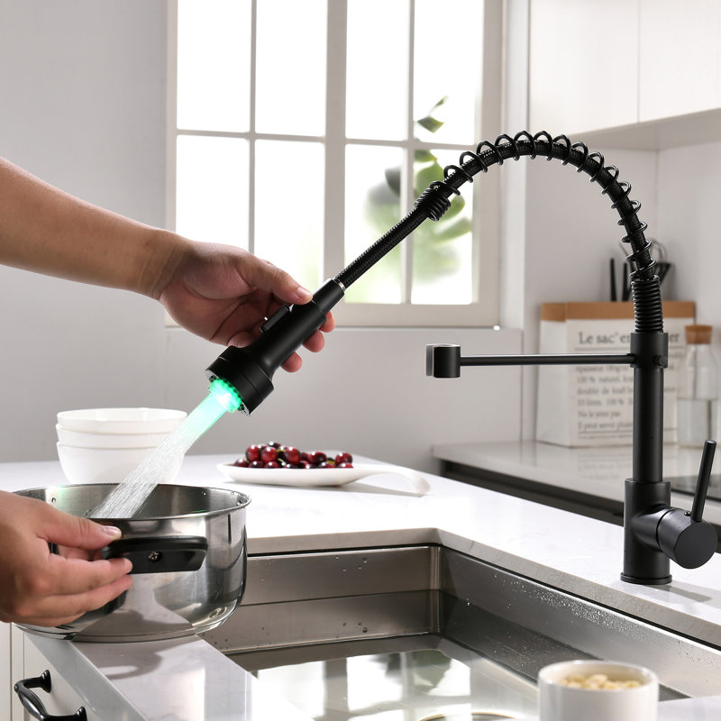 Black Kitchen Faucet With Pull Down Spray, Led, Single Handle, Stain- Finish To Dirt And Grime