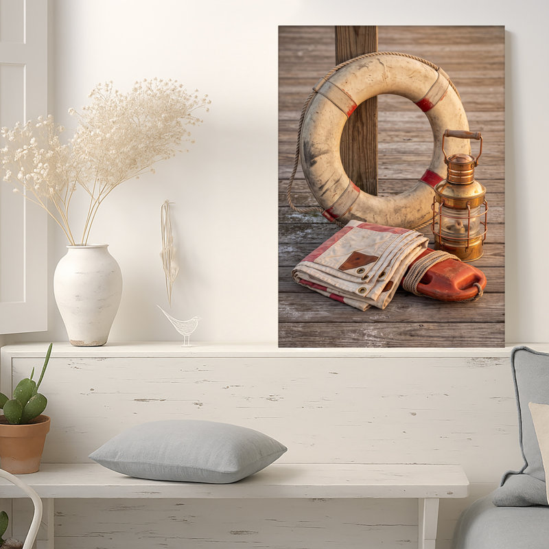 Art rétro sur toile en forme de lanterne sur un quai en bois, 36"H x 24"W