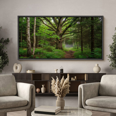 Ancient Oak Tree in Lush Forest Framed Canvas Wall Art - Enchanting Nature Photography for Rustic or Woodland-Inspired Decor