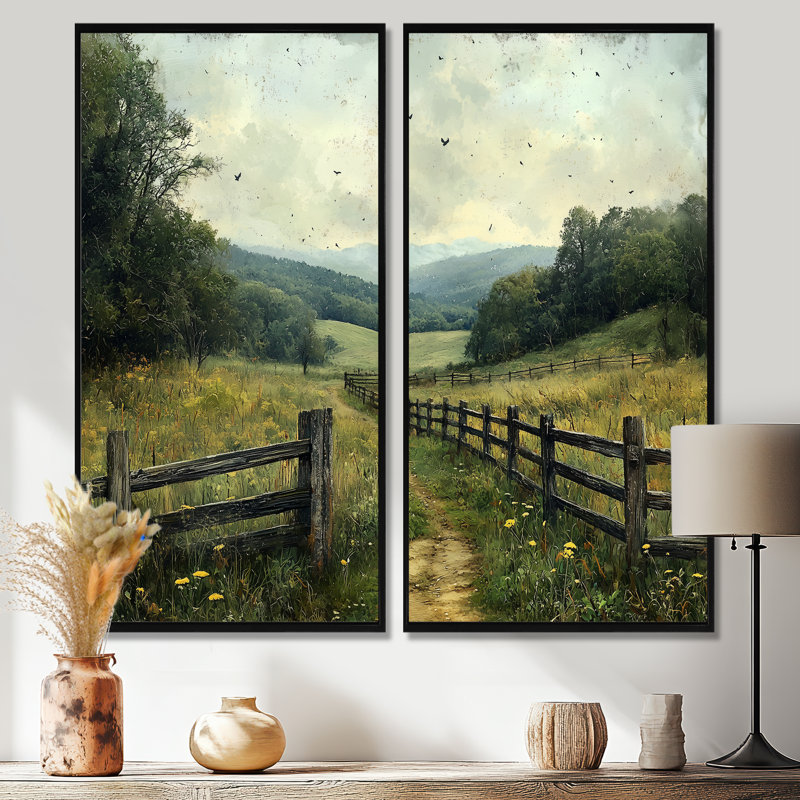 Green Peaceful Valley II - ferme, paysage mural, décoration murale, 2 pièces, H 32 po x l 32 po, Noir
