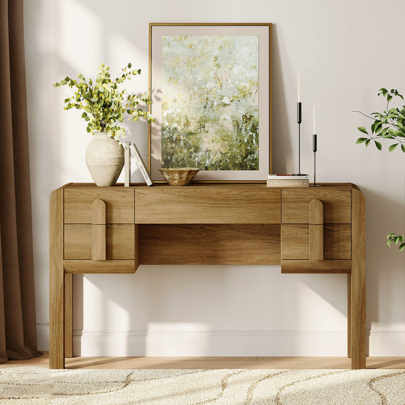 53.5-Inch Modern Sofa Table, Wood Arched Console Table Behind Couch With Drawers And Charging Station For Entryway, Living Room, Foyer, Hallway, And Office