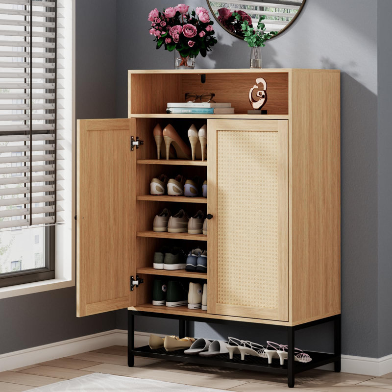 Natural Rattan 7-Tier Shoe Cabinet with Adjustable Shelves