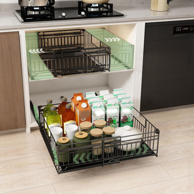 Expandable Pull Out Cabinet Organiser, Adhesive Rails No Drill, Black 2 Pack