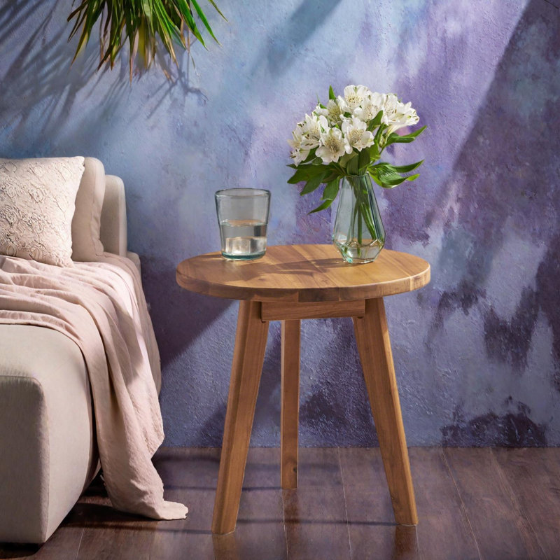 Marina Solid Wood Round Side Table With Three-Leg Base