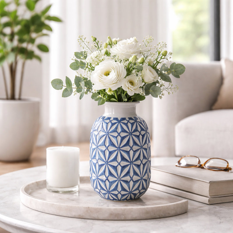 Vase de table décoratif en céramique à motif géométrique - Vase à fleurs, Bleu