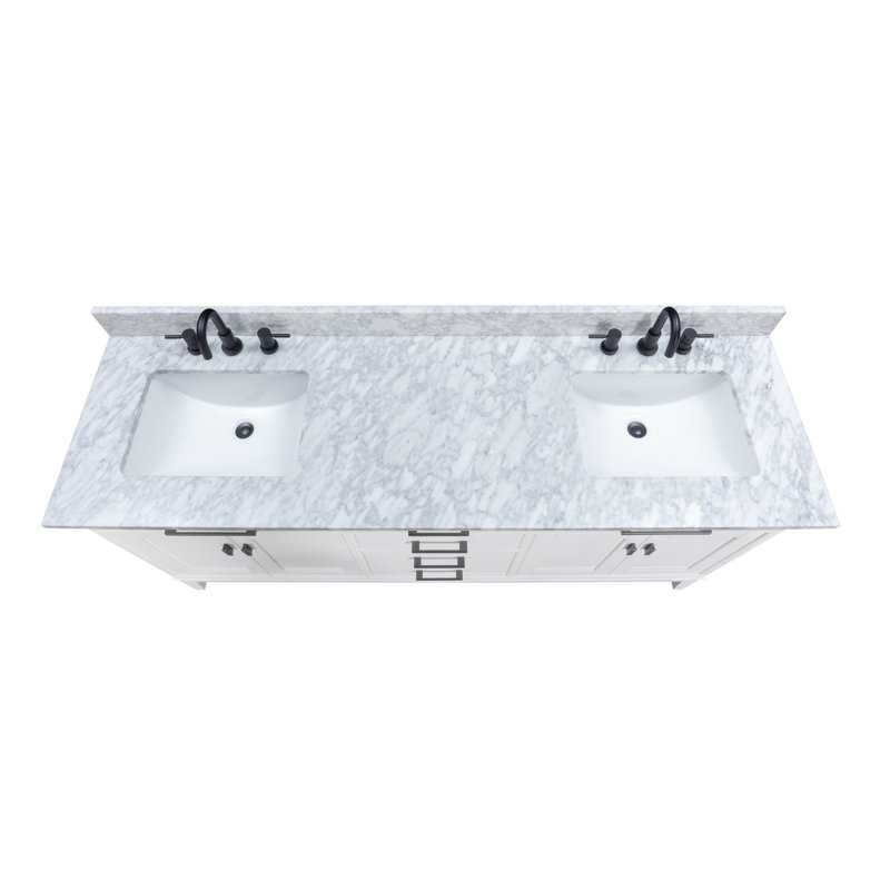Madison 72" Double Bathroom Vanity Set, White, 61", Cala White Engineered Stone