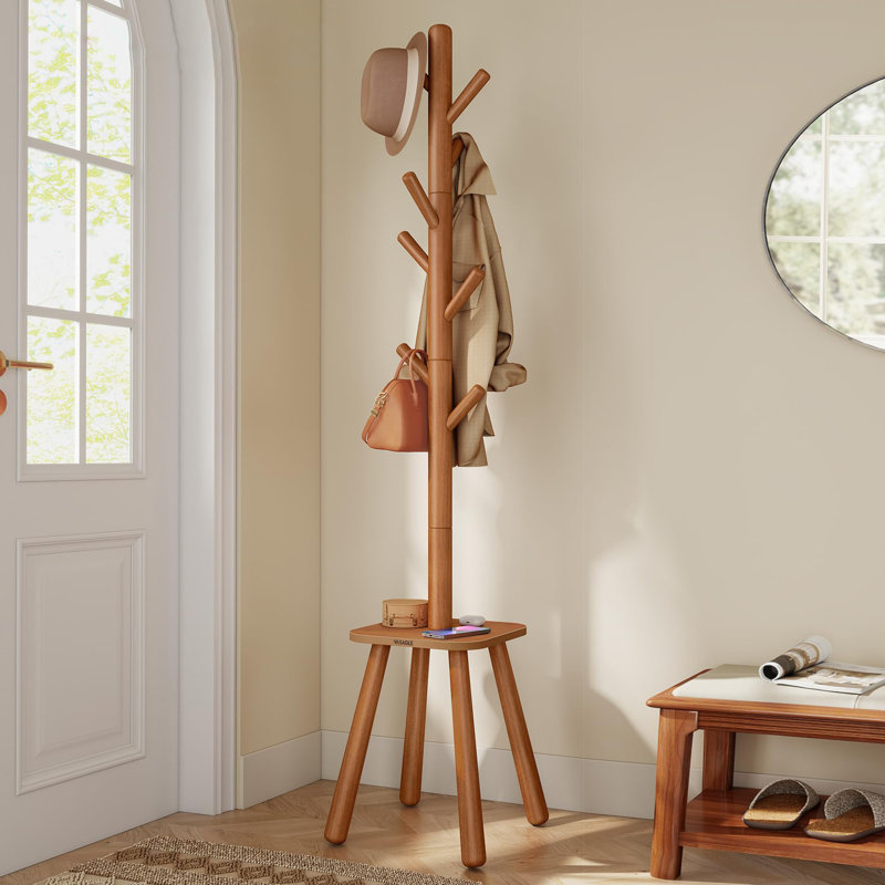 69.2 Inch Tall Freestanding Hall Coat Tree with 8 Hooks & Storage Shelf, Multifunctional Coat Rack for Entryway Hallway Bedroom