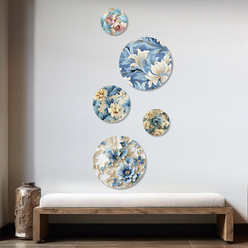 «Felicien Damask Facade Splendor», ensemble d'art mural floral rond de 5