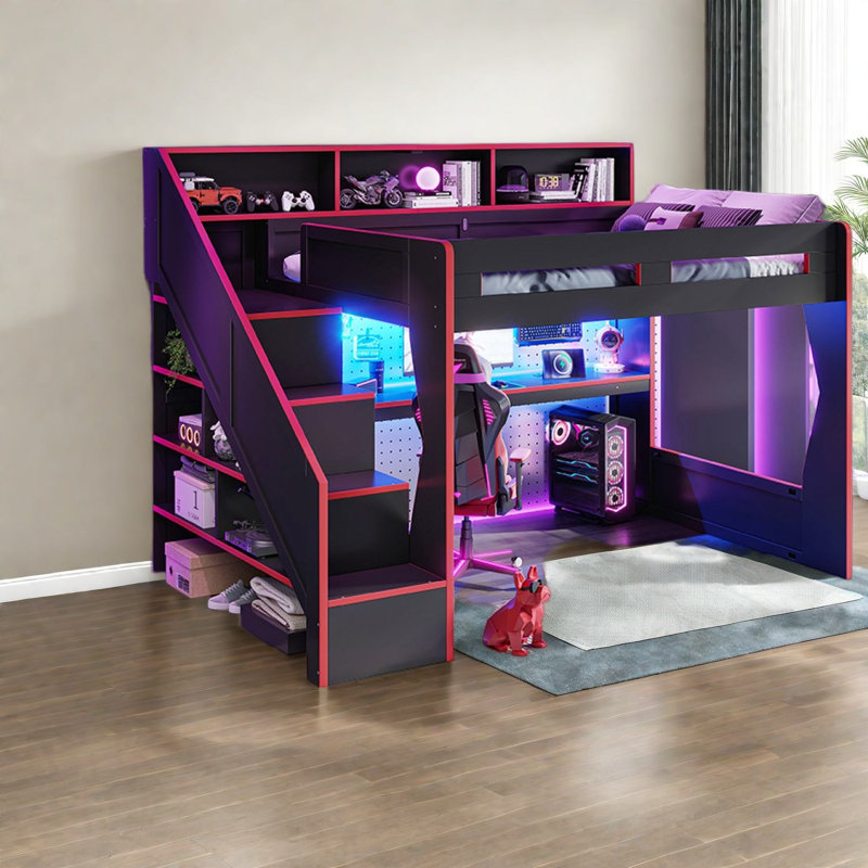 Lits multifonctionnels avec rangement, Queen en bois MDF de style loft moderne pour la maison, Noir