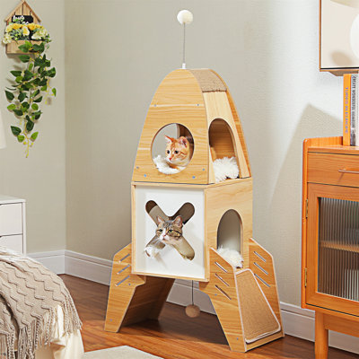 Arbre à chat moderne, fusée, tour à chat en bois avec 2 condos, boules suspendues, patins à griffer en sisal, idéal pour les chats d'intérieur et les petits espaces