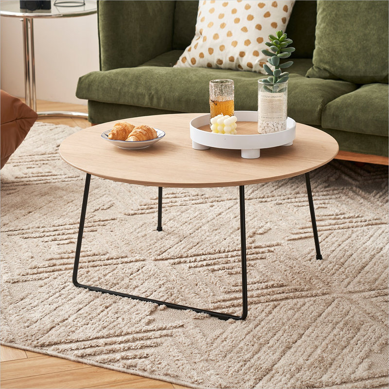 Table basse ronde avec tablette ouverte en bois d'acacia et en acier noir, style minimaliste moderne
