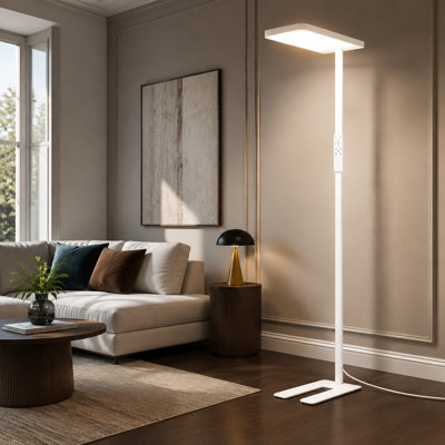 White 72.2" full-spectrum LED reading floor lamp with remote and foot switch, delivering super-bright 10000LM at 80W with dimming and an eye-care design; for living rooms, studies, offices, and homes.