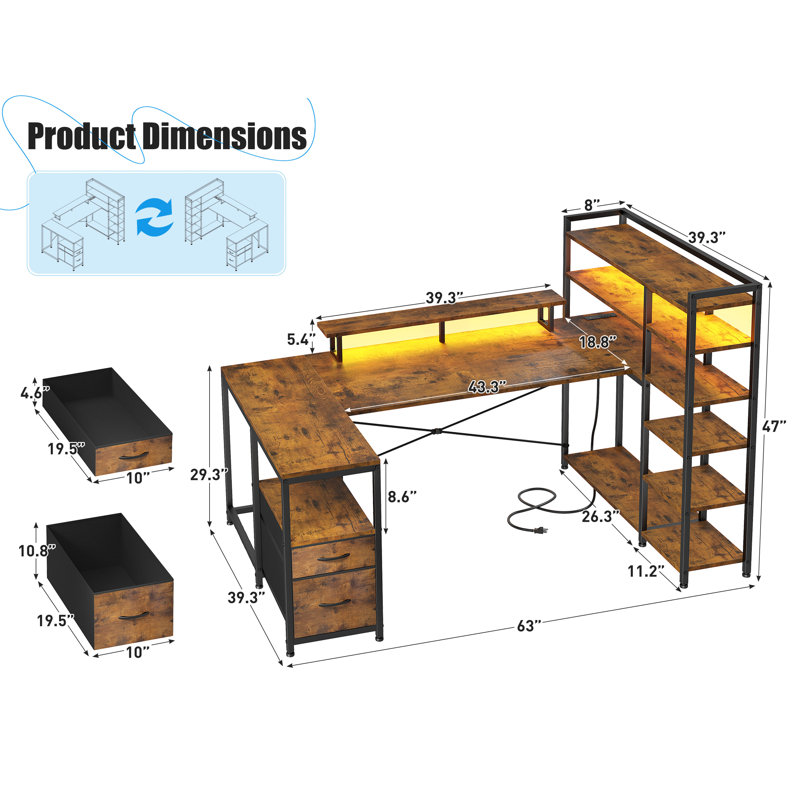 63" Reversible U-Shaped Computer Gaming Desk With Power Outlet & LED Lights, 6-Tier Storage Shelves & 2 Fabric Drawers