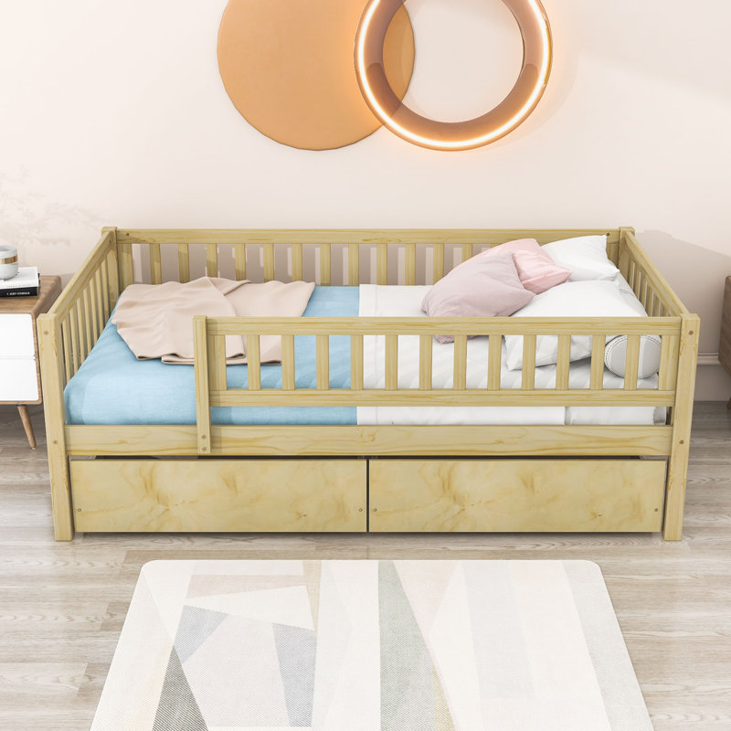 Wood Daybed with Two Drawers and Slats, Natural, Twin