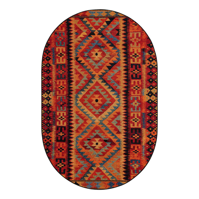 Lidio Southwestern Machine Made Power Loom Polypropylene Indoor / Outdoor Area Rug in Red/Yellow/Blue, Oval 2'2" x 3'1"