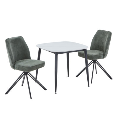 Aspen Gloss White Sintered Stone Square Table with 2 Swivel Upholstered Fabric Chairs - Modern Dining Set