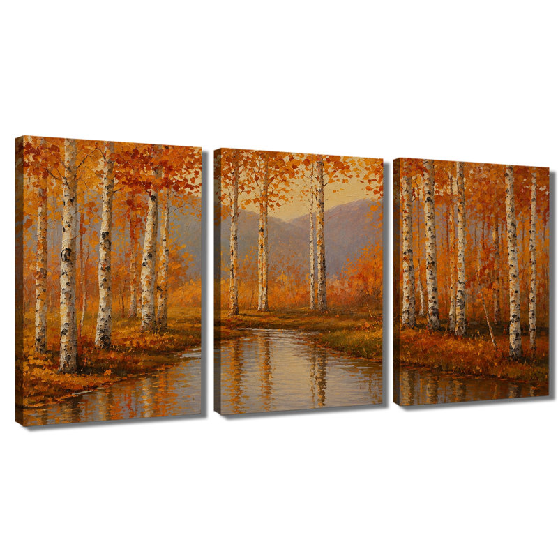 3 panneaux muraux, impression sur toile Autumn Birch Forest Stream, 24 * 36 pouces * 3