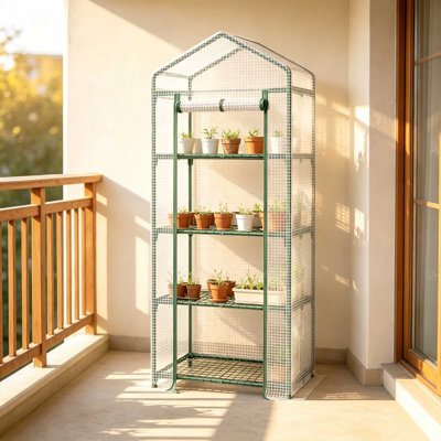 4-Tier Portable Mini Greenhouse with Steel Frame & PE Cover, Roll-Up Zipper Door Freestanding Plant Grow House for Balcony Patio Backyard, 70 x 50 x 160 cm White