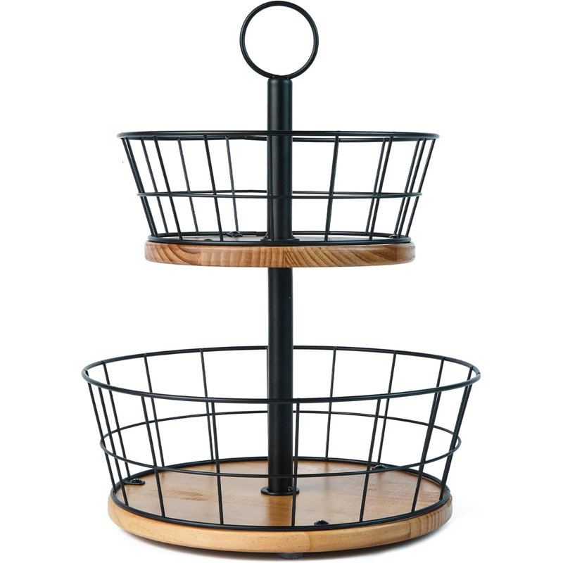 2 Tier Fruit Basket - 12 Inch Large Iron Wire Storage with Real Wood Base, Anti-Slip Silicone Pads, Sturdy Fruit & Vegetable Organizer for Kitchen Counter