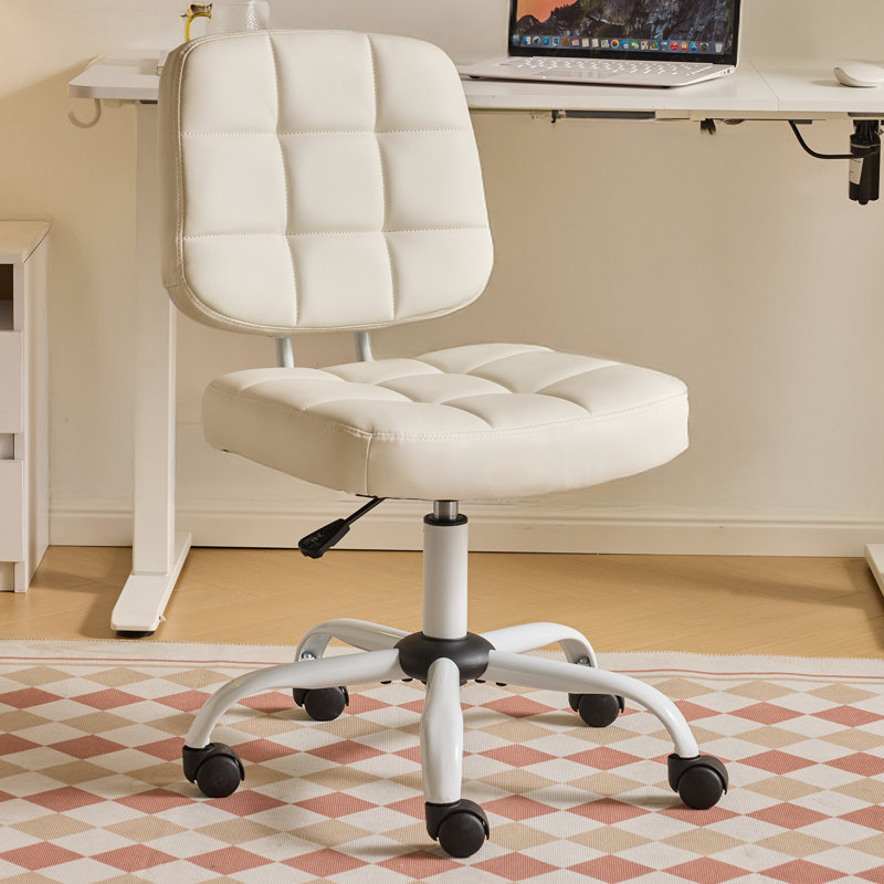 22.1 Inch Upholstered PU Lattice Swivel Office Chair, Light Gray, White