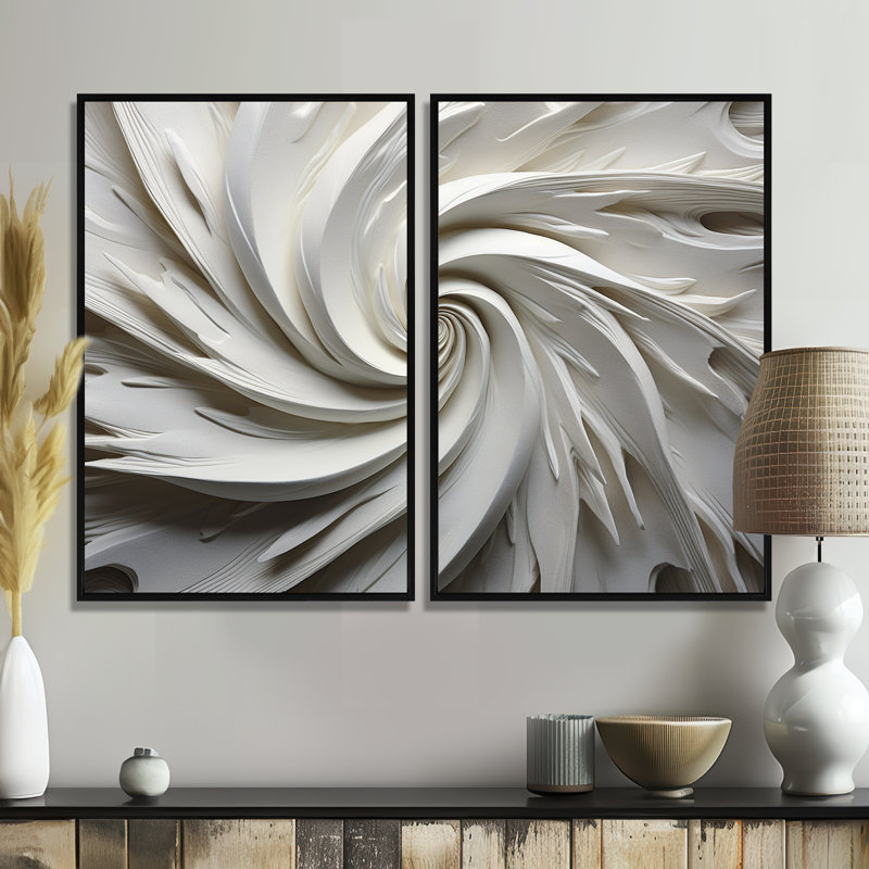 White Majestic Motion I - White Modern Wall Decor 2-Panels, Black, 36" H x 48" W, Floater Framed Print