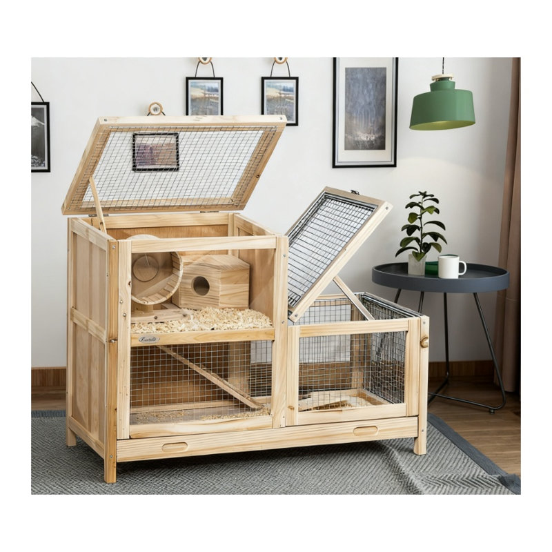2-Tier Wooden Hamster Cage with Glass Front, Seesaw, Hut and Running Wheel - Natural Wood Finish