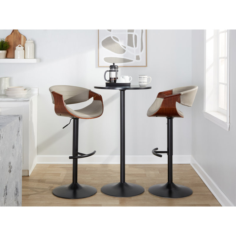 Arabelle Adjustable Faux Leather Bar Stool with Rounded T Footrest (Set of 2), Black, Gray/Walnut Wood