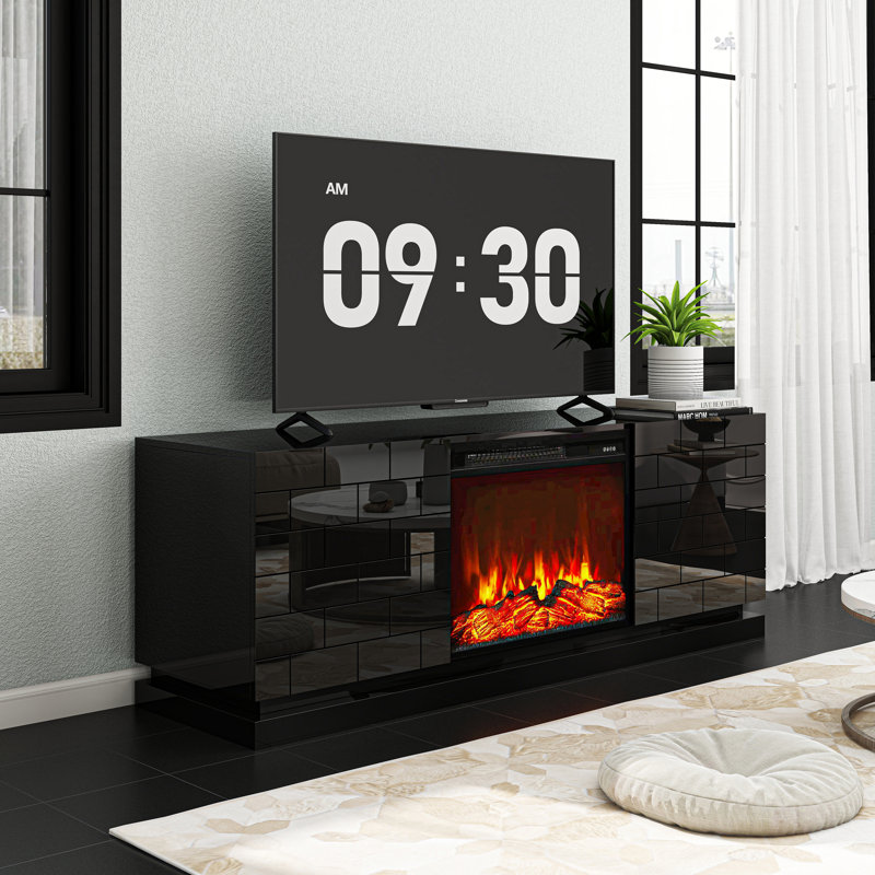 Black Fireplace TV Stand Entertainment Center Modern Media Console, Black