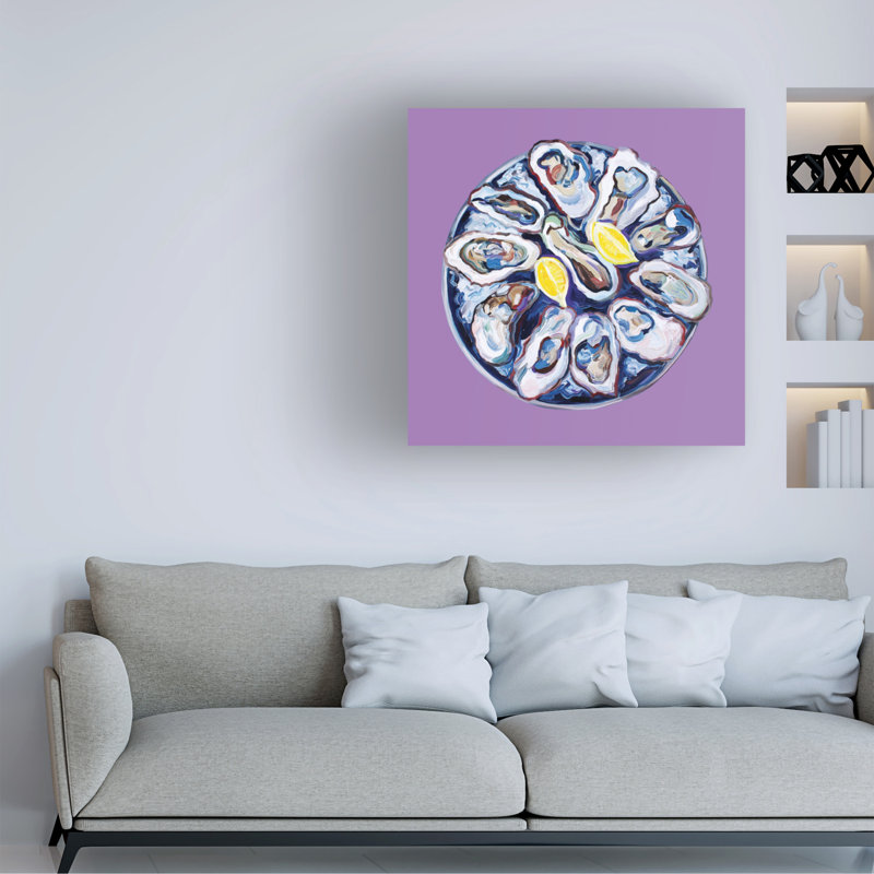 Reproduction d'huîtres bolognaises sur une plaque mauve sur toile par Alice Straker