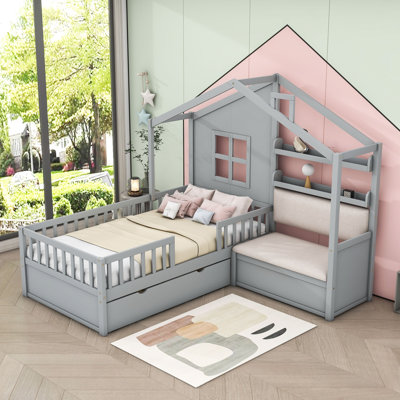 Abin Twin Size Wood House Bed with Two Drawers,Seat and Shelf