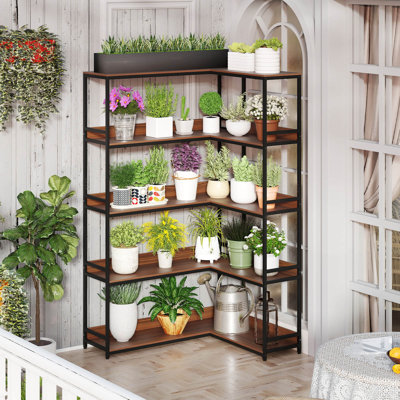Corner Bookshelf 5-tier L-shaped Bookcase 71" Tall Etagere Bookshelf Walnut