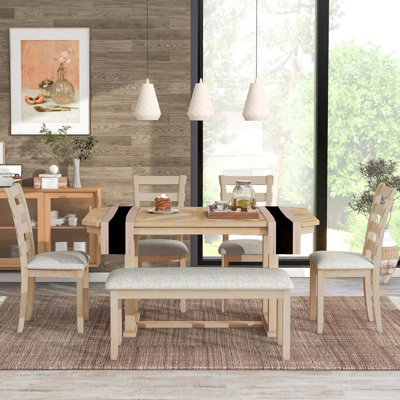 Ensemble de table de salle à manger 6 pièces en bois d'hévéa avec placage en bois massif et coussin moelleux