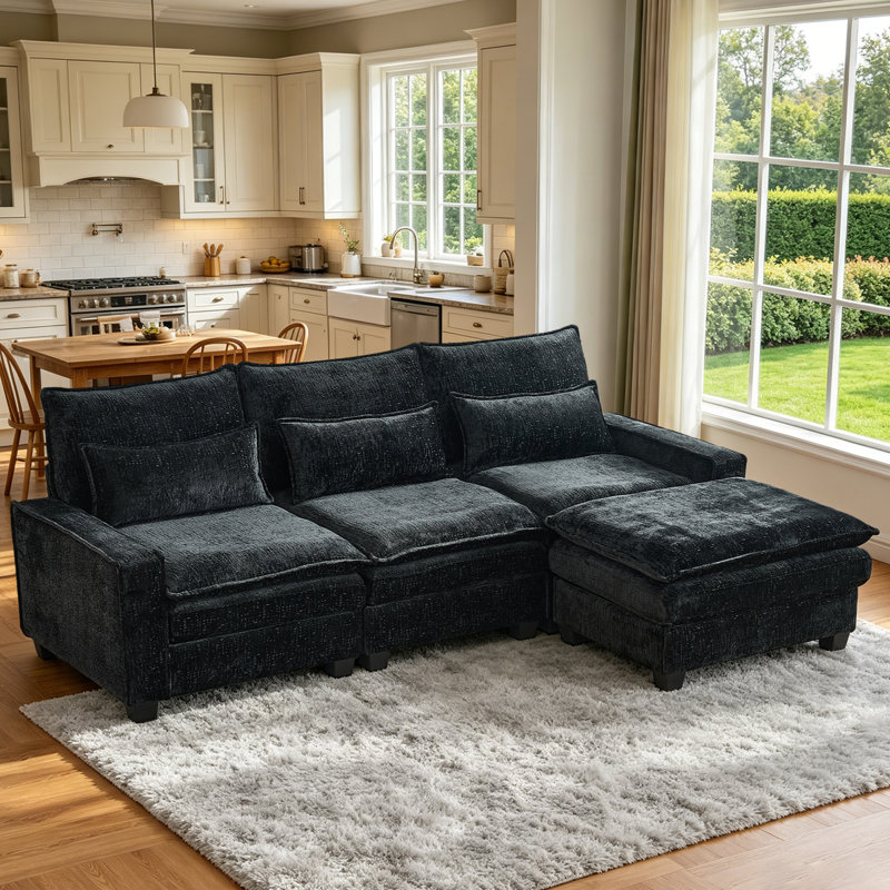 {New Arrived} 99.50 Inch 3-Seater Chenille Modular Sofa Set with Movable Ottoman,Free Combination, Black Chenille