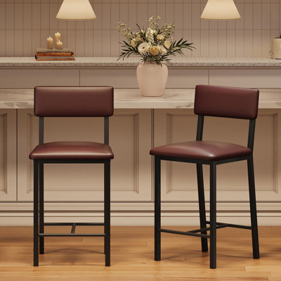 Ensemble de 2 tabourets de bar, tabourets de comptoir avec dossier et pieds en métal épaissis, tabourets de bar rembourrés en cuir de polyuréthane à hauteur de comptoir avec repose-pieds, pour îlot de cuisine
