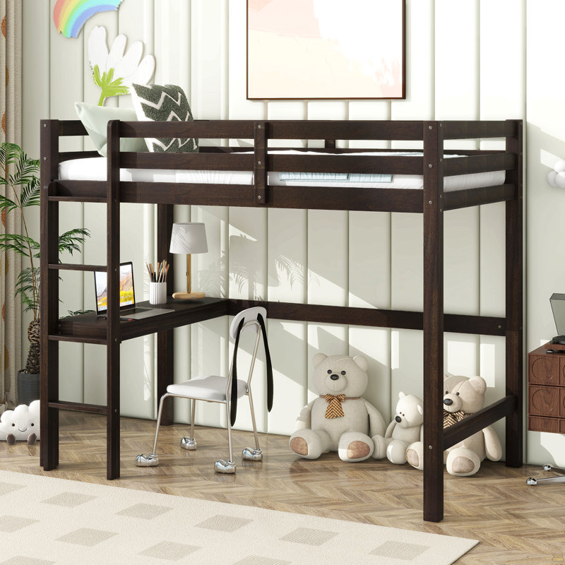 Lit mezzanine simple haut, lit mezzanine en bois d'hévéa avec barrière de sécurité, Espresso