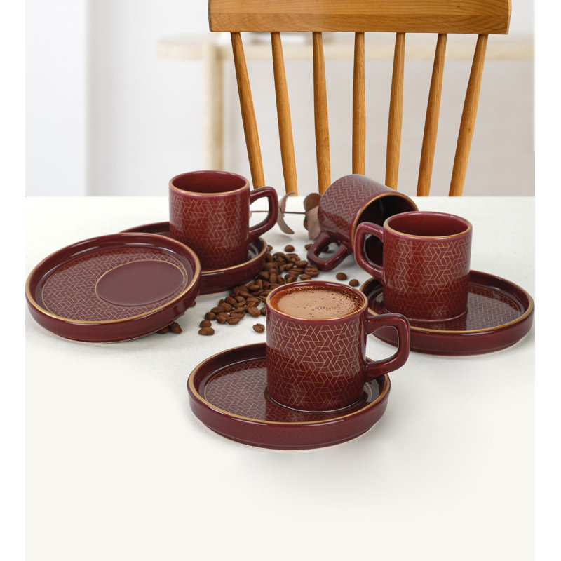 Ensemble de tasses à café élégantes (8 pièces), couleur damson, 2,6 x 2,6 x 2,6 pouces | 100% céramique, tasses de 3,5 oz et soucoupes 4,7 x 4,7 x 0,7 pouces | Antibactérien, facile à nettoyer, résistant aux chocs thermiques, lavable au lave-vaisselle