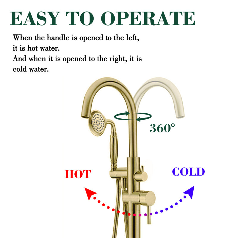Robinet de baignoire autoportant au sol avec douche à main, conception ronde, 2 poignées en or brossé, Or brossé