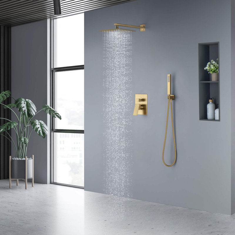 Cube Pressure Balanced 2 Function Shower System with Rough-in Valve, Brushed Brass